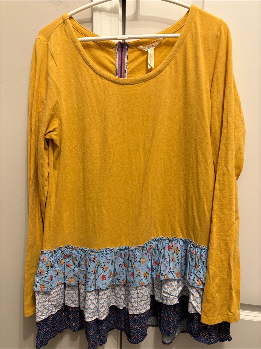 Matilda Jane Mustard Yellow Long-Sleeve Top with Blue Patterned Ruffle Hem